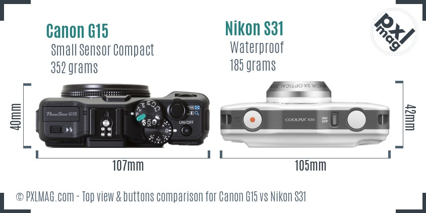 Canon G15 vs Nikon S31 top view buttons comparison
