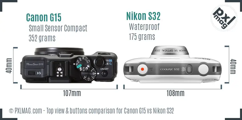 Canon G15 vs Nikon S32 top view buttons comparison