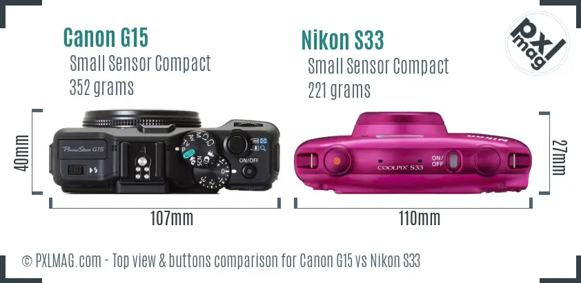 Canon G15 vs Nikon S33 top view buttons comparison