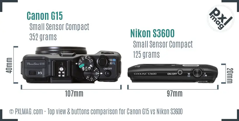 Canon G15 vs Nikon S3600 top view buttons comparison