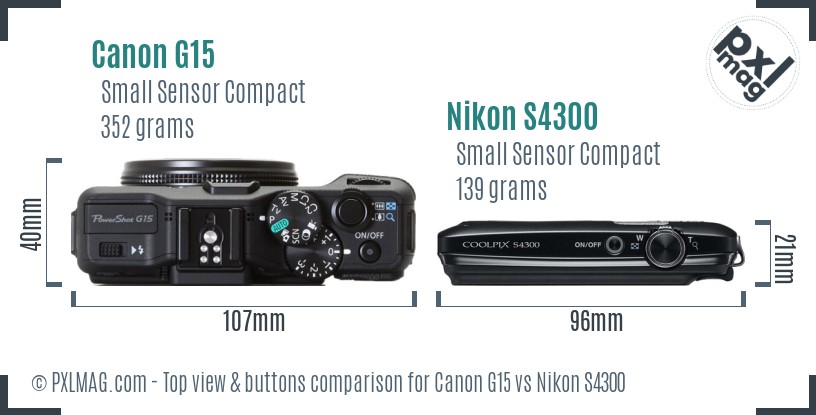Canon G15 vs Nikon S4300 top view buttons comparison