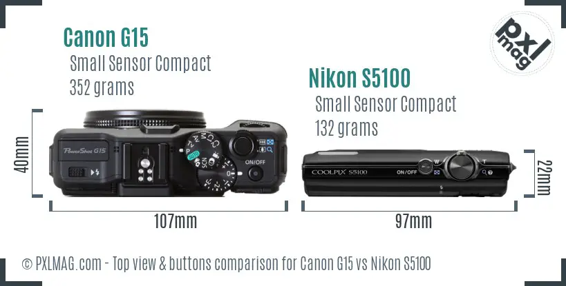 Canon G15 vs Nikon S5100 top view buttons comparison