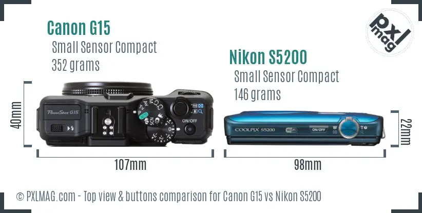 Canon G15 vs Nikon S5200 top view buttons comparison Canon G15 vs Nikon S5200 top view buttons comparison