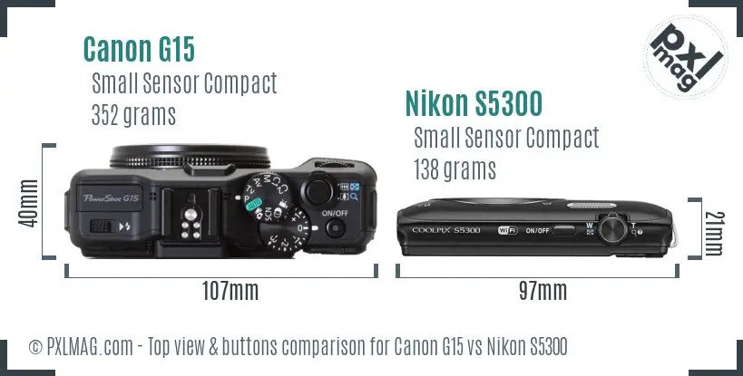 Canon G15 vs Nikon S5300 top view buttons comparison Canon G15 vs Nikon S5300 top view buttons comparison