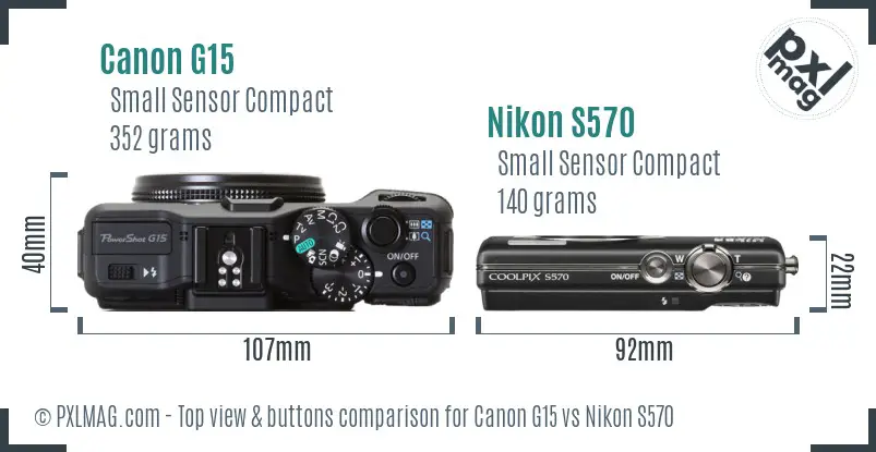 Canon G15 vs Nikon S570 top view buttons comparison