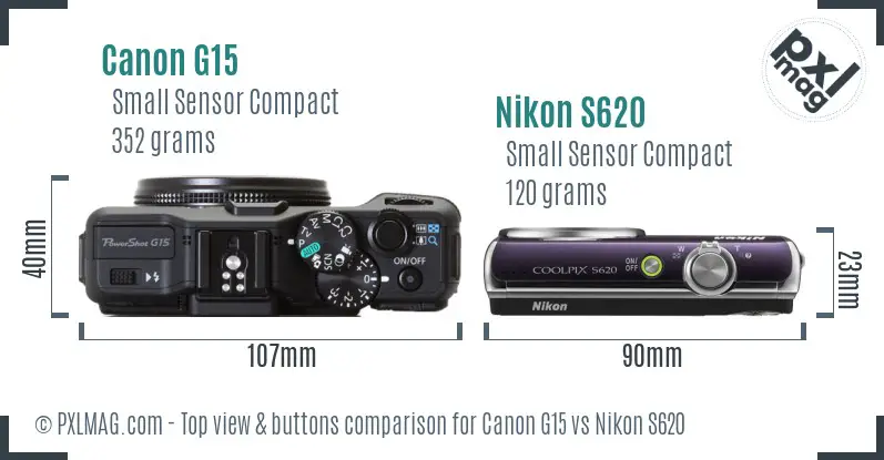 Canon G15 vs Nikon S620 top view buttons comparison