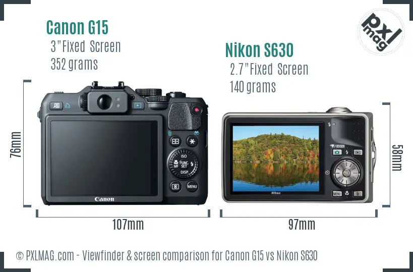 Canon G15 vs Nikon S630 Screen and Viewfinder comparison