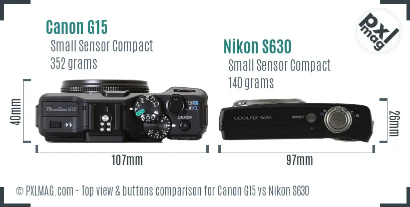 Canon G15 vs Nikon S630 top view buttons comparison
