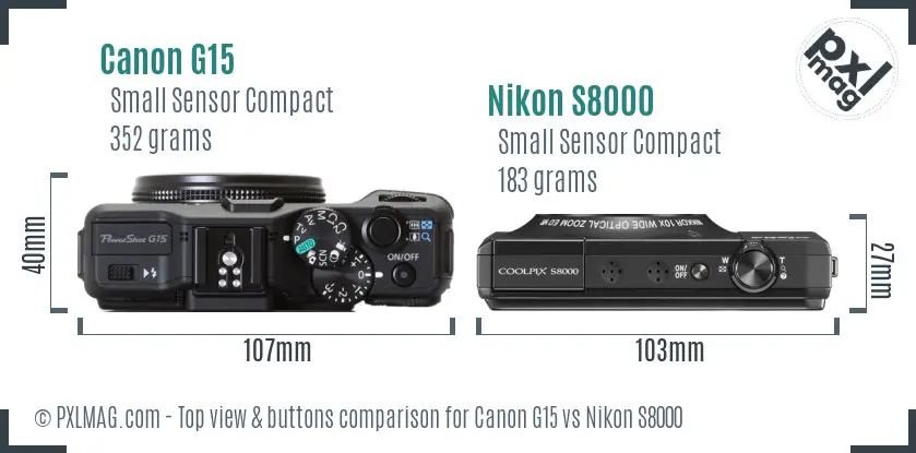 Canon G15 vs Nikon S8000 top view buttons comparison