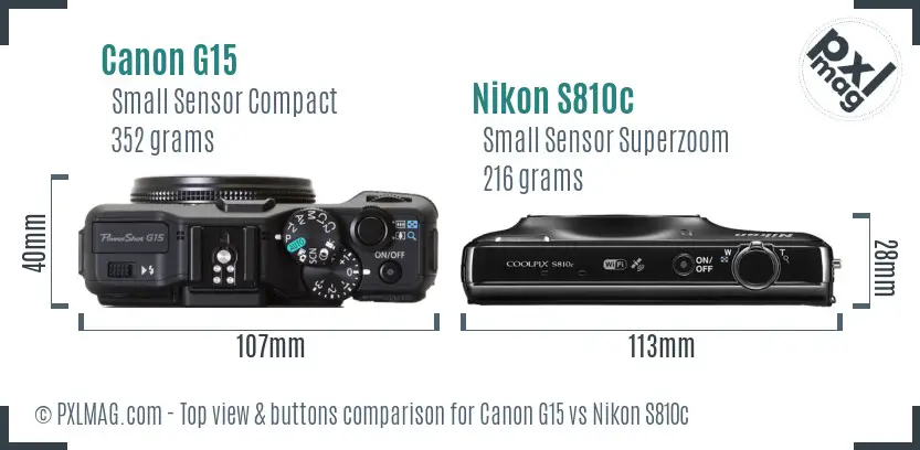 Canon G15 vs Nikon S810c top view buttons comparison