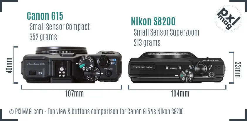 Canon G15 vs Nikon S8200 top view buttons comparison Canon G15 vs Nikon S8200 top view buttons comparison