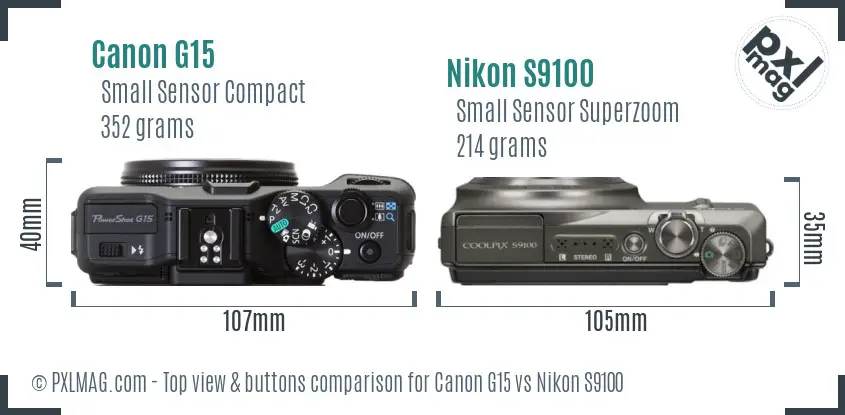 Canon G15 vs Nikon S9100 top view buttons comparison