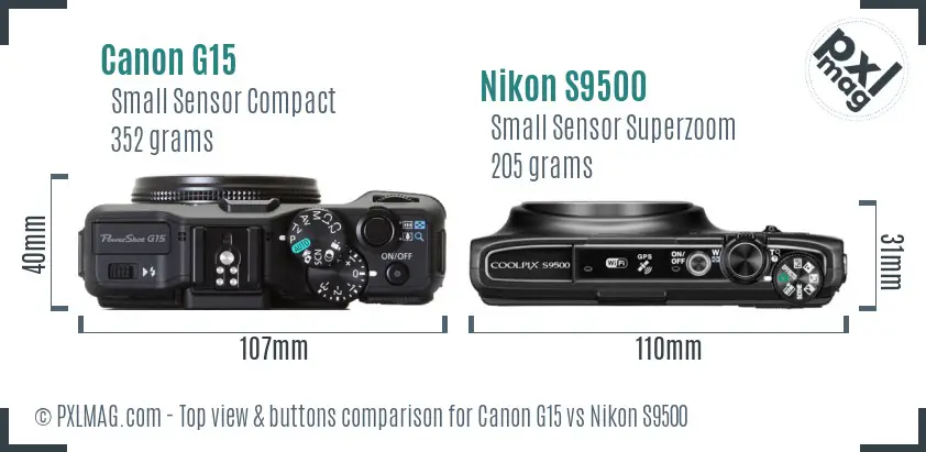 Canon G15 vs Nikon S9500 top view buttons comparison Canon G15 vs Nikon S9500 top view buttons comparison