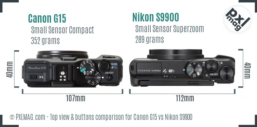 Canon G15 vs Nikon S9900 top view buttons comparison