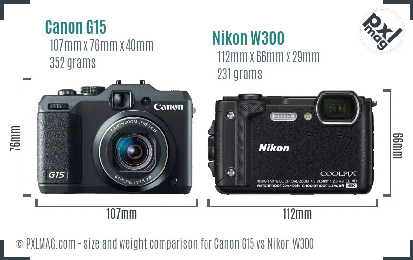 Canon G15 vs Nikon W300 size comparison