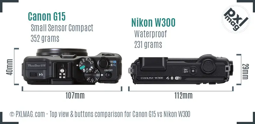 Canon G15 vs Nikon W300 top view buttons comparison