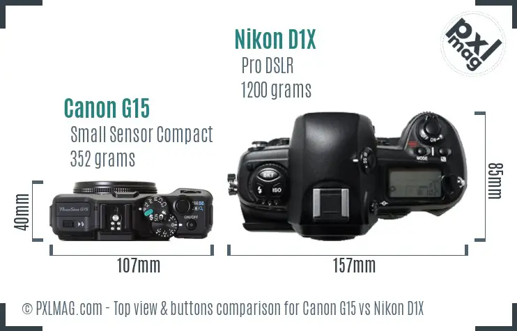 Canon G15 vs Nikon D1X top view buttons comparison