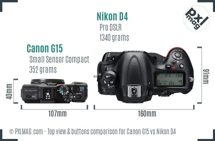 Canon G15 vs Nikon D4 top view buttons comparison