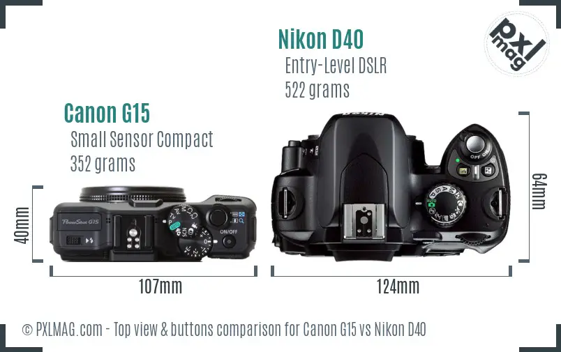Canon G15 vs Nikon D40 top view buttons comparison