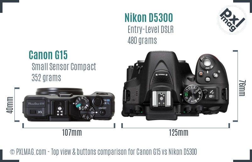 Canon G15 vs Nikon D5300 top view buttons comparison