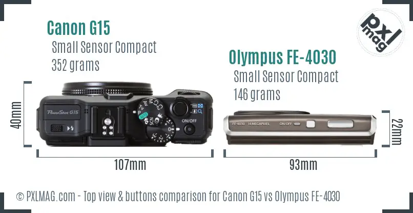 Canon G15 vs Olympus FE-4030 top view buttons comparison