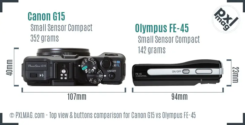 Canon G15 vs Olympus FE-45 top view buttons comparison