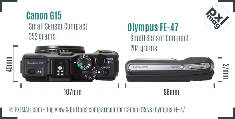 Canon G15 vs Olympus FE-47 top view buttons comparison