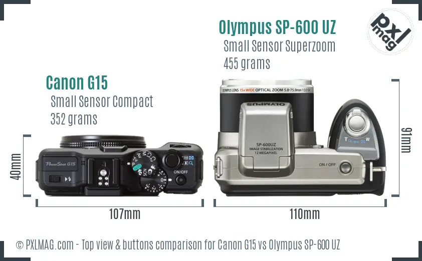 Canon G15 vs Olympus SP-600 UZ top view buttons comparison