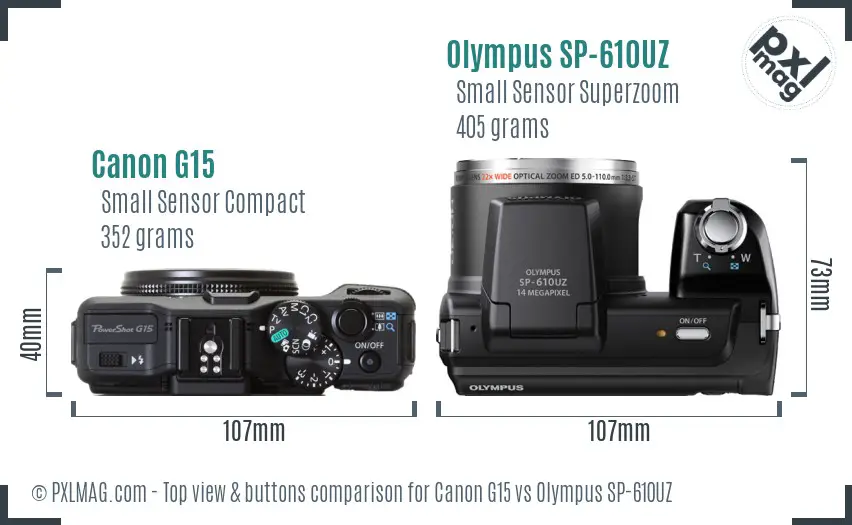 Canon G15 vs Olympus SP-610UZ top view buttons comparison