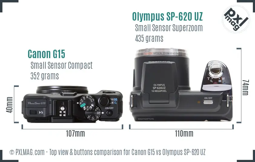 Canon G15 vs Olympus SP-620 UZ top view buttons comparison Canon G15 vs Olympus SP-620 UZ top view buttons comparison