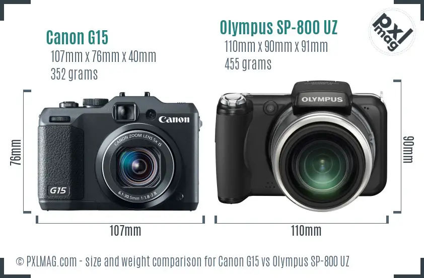 Canon G15 vs Olympus SP-800 UZ size comparison Canon G15 vs Olympus SP-800 UZ size comparison