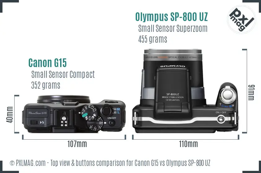 Canon G15 vs Olympus SP-800 UZ top view buttons comparison Canon G15 vs Olympus SP-800 UZ top view buttons comparison