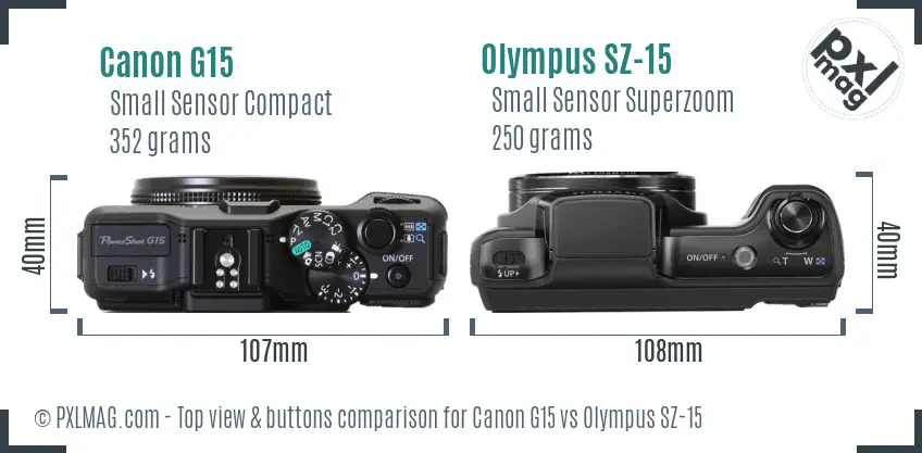Canon G15 vs Olympus SZ-15 top view buttons comparison Canon G15 vs Olympus SZ-15 top view buttons comparison