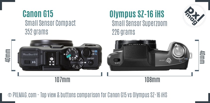 Canon G15 vs Olympus SZ-16 iHS top view buttons comparison