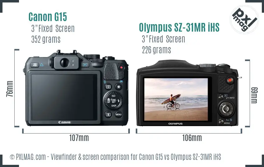 Canon G15 vs Olympus SZ-31MR iHS Screen and Viewfinder comparison