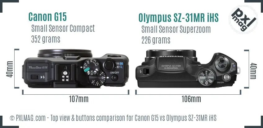 Canon G15 vs Olympus SZ-31MR iHS top view buttons comparison