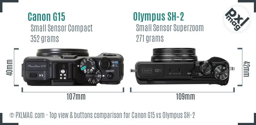 Canon G15 vs Olympus SH-2 top view buttons comparison Canon G15 vs Olympus SH-2 top view buttons comparison