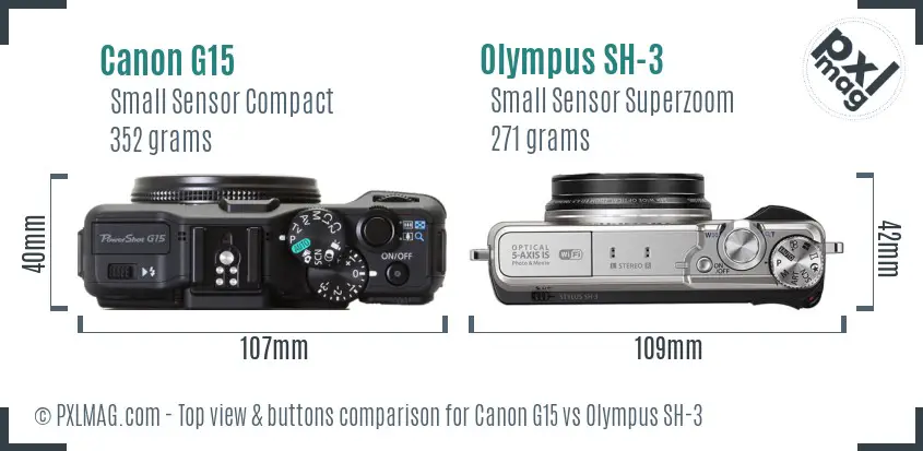 Canon G15 vs Olympus SH-3 top view buttons comparison