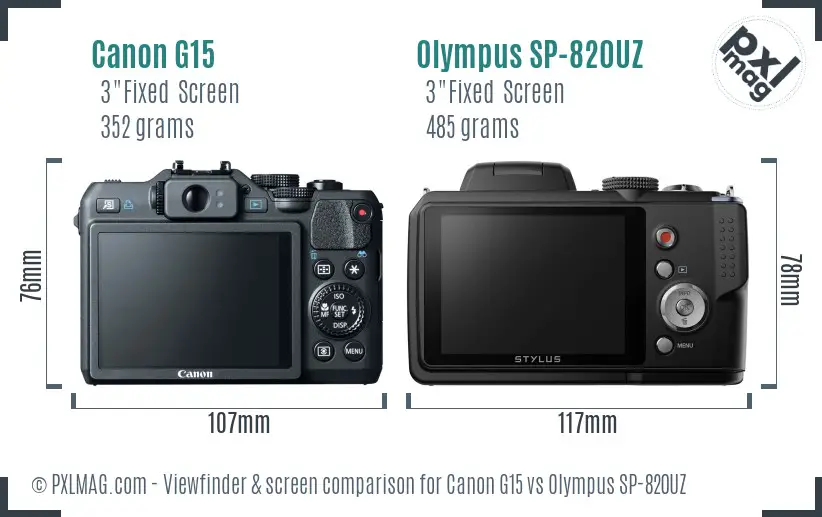 Canon G15 vs Olympus SP-820UZ Screen and Viewfinder comparison