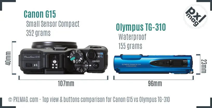 Canon G15 vs Olympus TG-310 top view buttons comparison