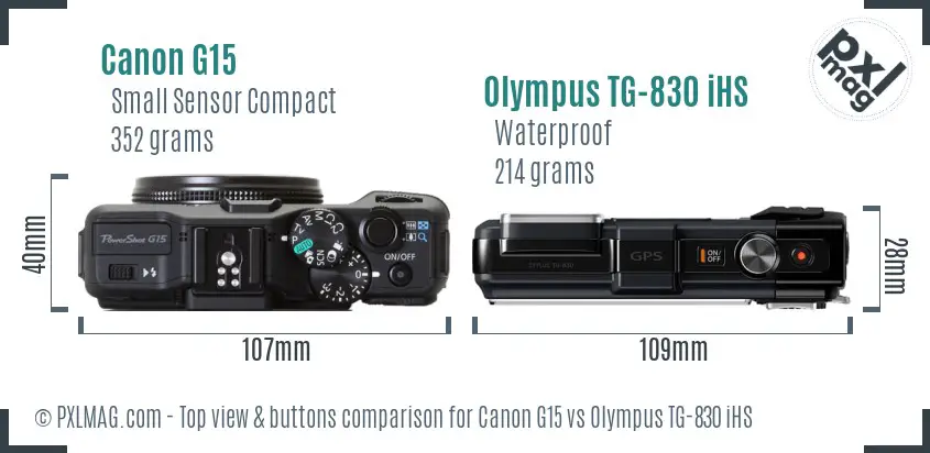 Canon G15 vs Olympus TG-830 iHS top view buttons comparison