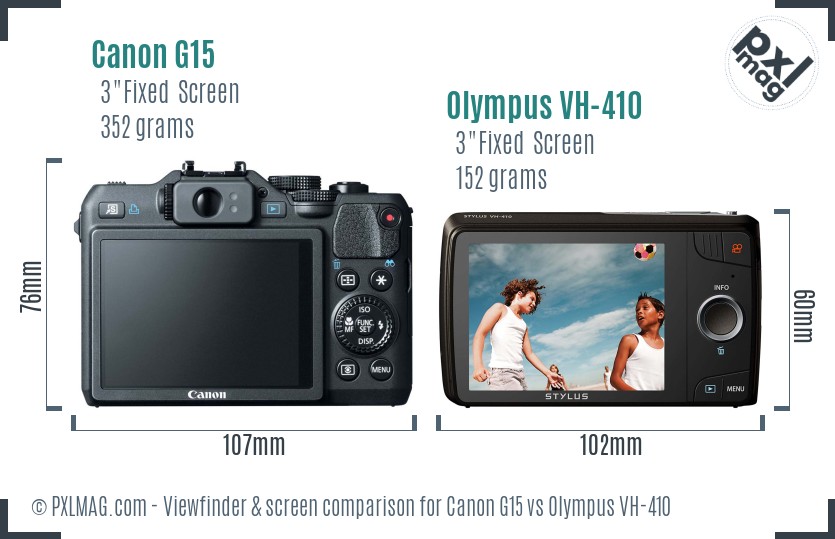 Canon G15 vs Olympus VH-410 Screen and Viewfinder comparison