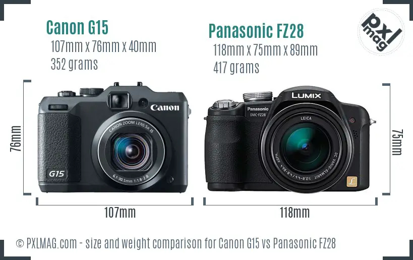 Canon G15 vs Panasonic FZ28 size comparison Canon G15 vs Panasonic FZ28 size comparison