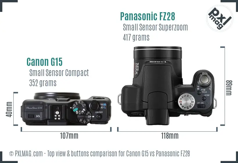Canon G15 vs Panasonic FZ28 top view buttons comparison Canon G15 vs Panasonic FZ28 top view buttons comparison
