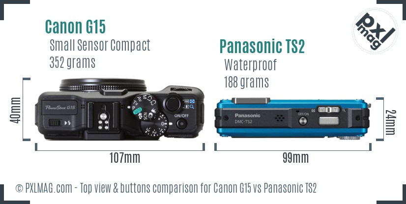 Canon G15 vs Panasonic TS2 top view buttons comparison
