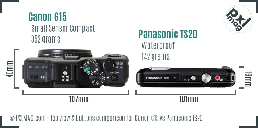 Canon G15 vs Panasonic TS20 top view buttons comparison Canon G15 vs Panasonic TS20 top view buttons comparison