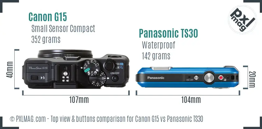 Canon G15 vs Panasonic TS30 top view buttons comparison