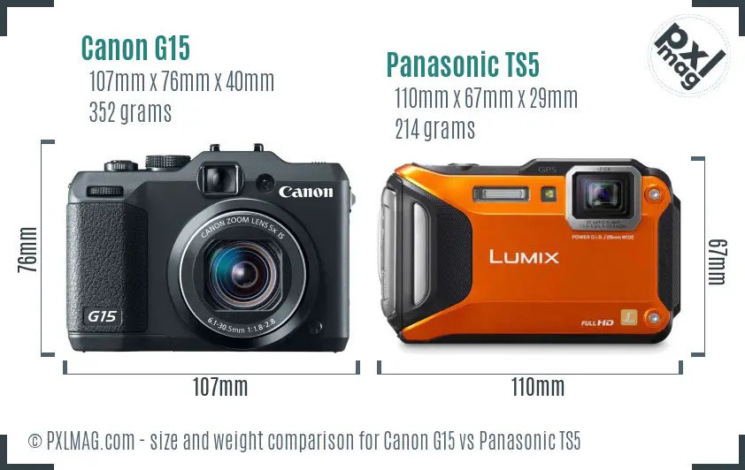 Canon G15 vs Panasonic TS5 size comparison