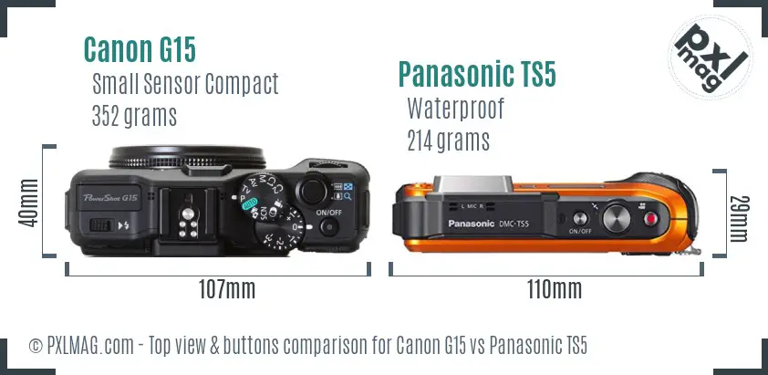 Canon G15 vs Panasonic TS5 top view buttons comparison