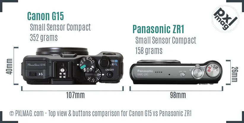 Canon G15 vs Panasonic ZR1 top view buttons comparison